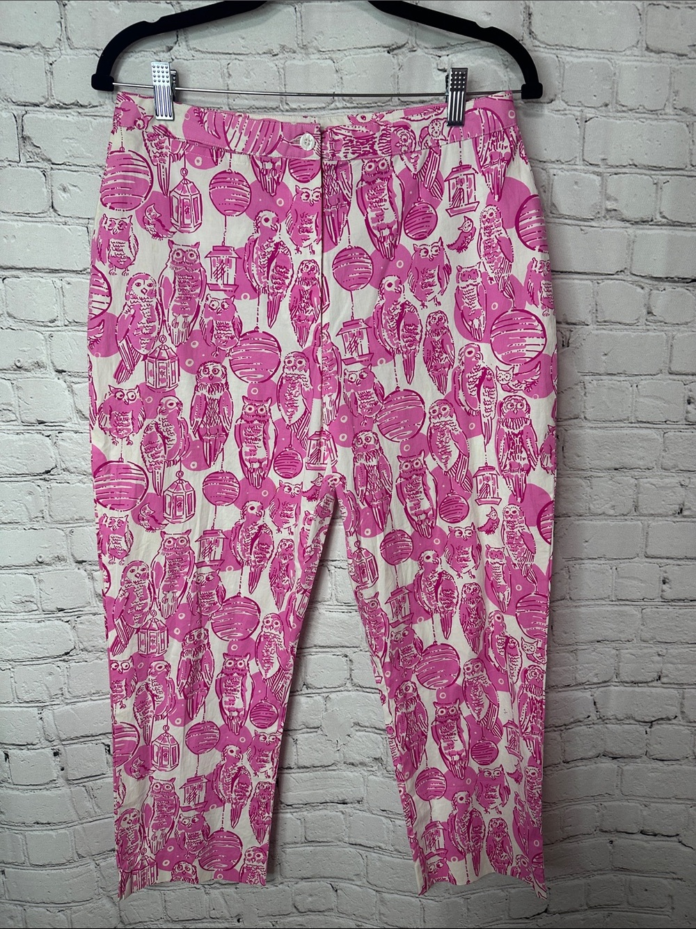 Lilly Pulitzer Lightweight Pink White Owl Print Y2K Stretch Capri Pants Size 6